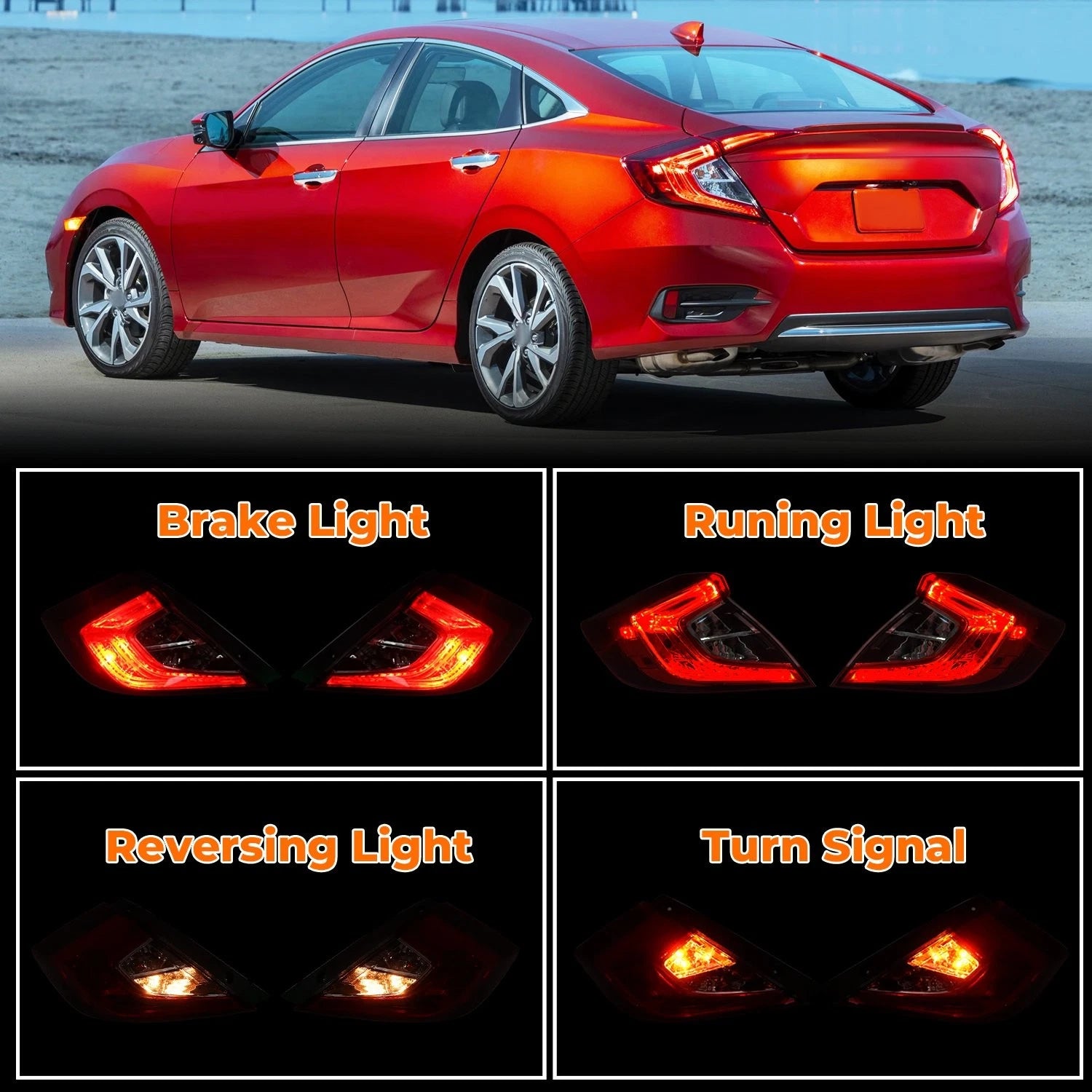4X Tail Lights for Honda Civic 4-Door Sedan (2016–2021) Left+Right