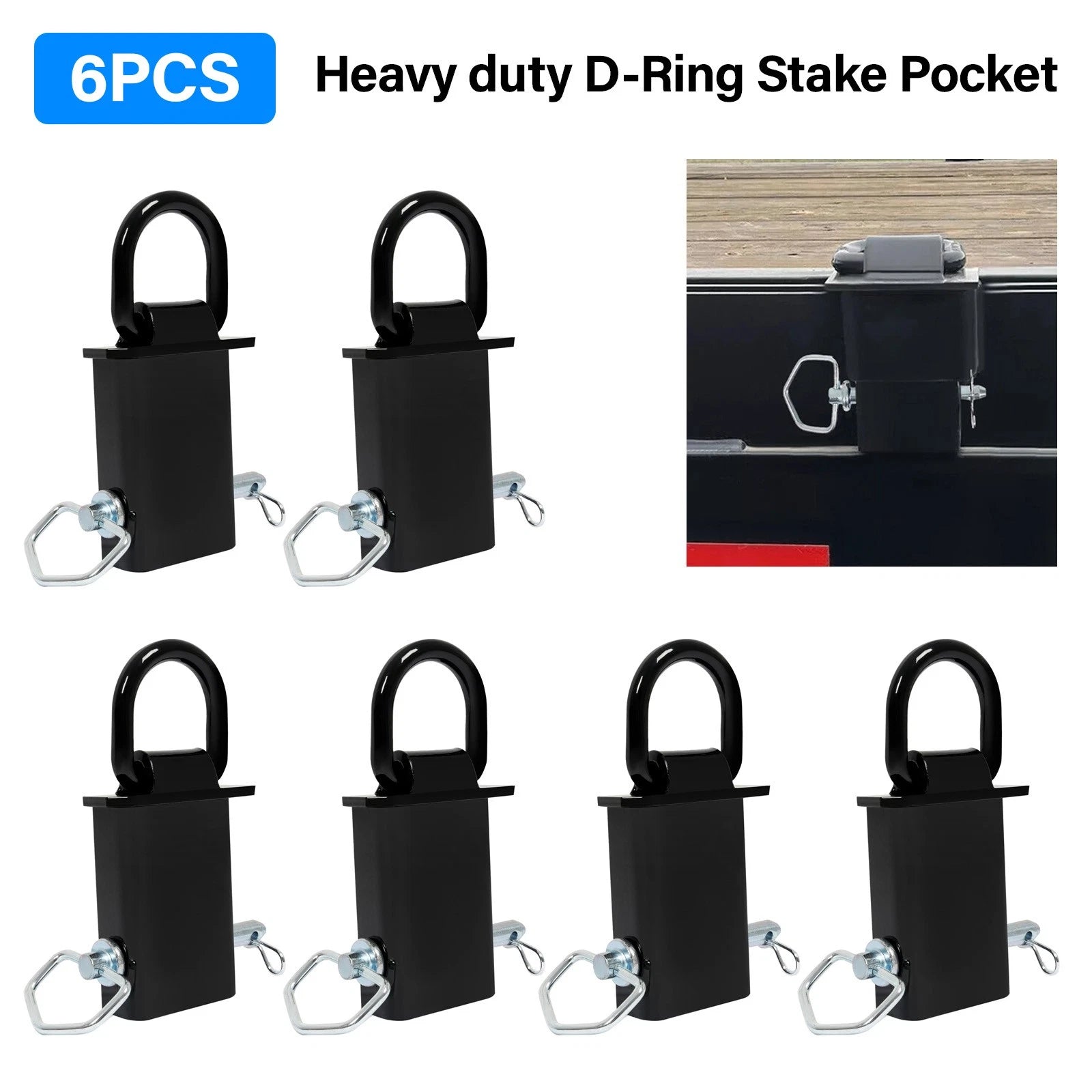 6 Pack Stake Pocket D-Ring Tie Downs for Flatbed Trucks and Trailers