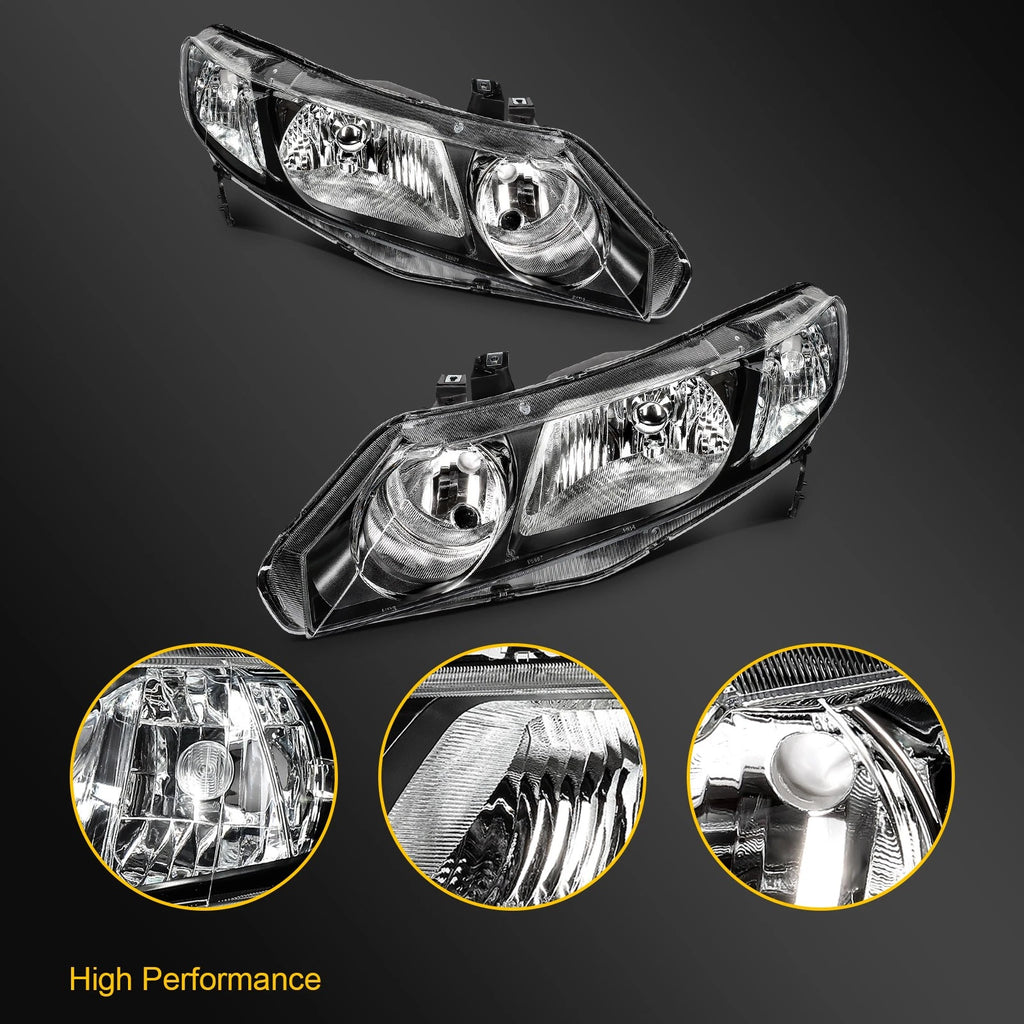 Pair Headlight Assembly for Honda Civic Sedan (2006–2011) Black Housing