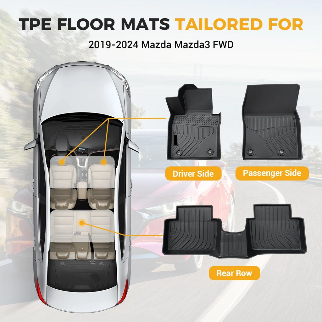 Set of 3 TPE Rubber All Weather Floor Mats for Mazda 3 (2019–2025)