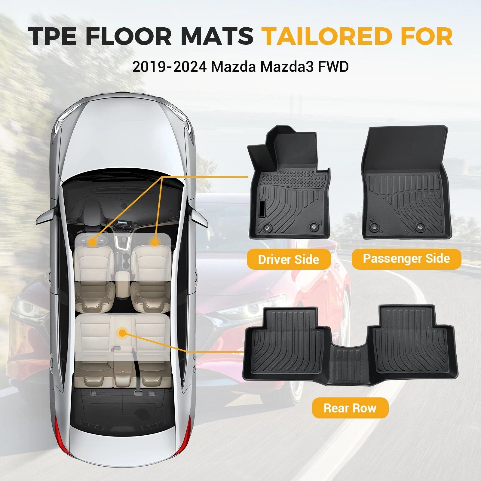Set of 3 TPE Rubber All Weather Floor Mats for Mazda 3 (2019–2025)