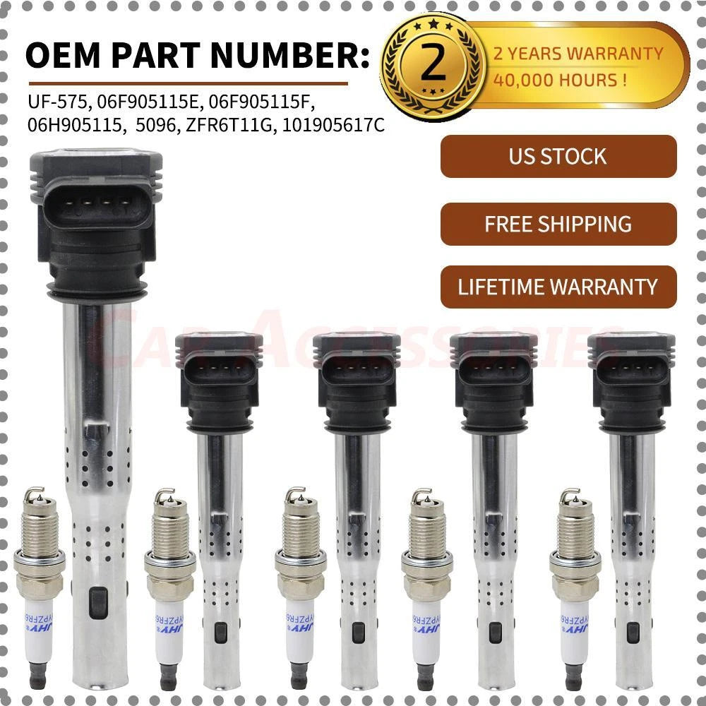 Set of 5 Ignition Coils + Spark Plugs for Jetta Beetle Passat Golf (L5 2.5L) UF575