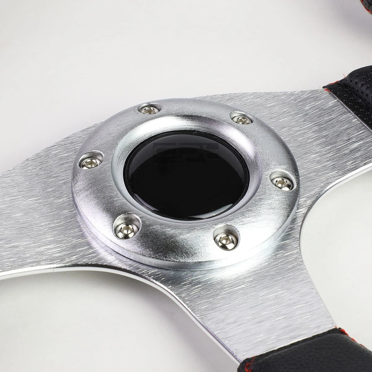 320mm PVC Leather Steering Wheel with Silver Red Stitching - Universal Fit