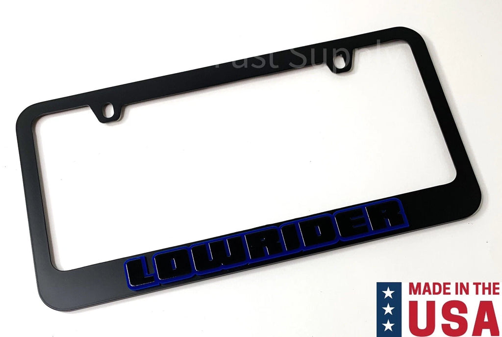 Matte Black Premium License Plate Frame with Blue Outline Script for Lowrider (Universal)