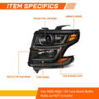 Set of 2 OE Projector Headlights for Chevy Suburban/Tahoe (2015–2020) W/LED DRL Black/Amber