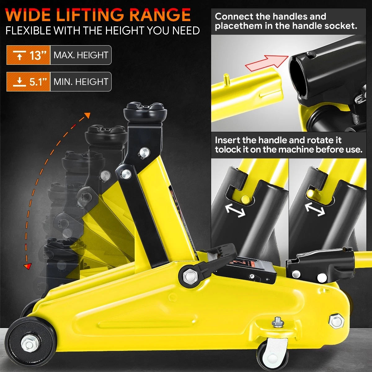2 Ton Hydraulic Floor Jack for Universal Use (5.1-13 in, 4000 lbs Capacity)