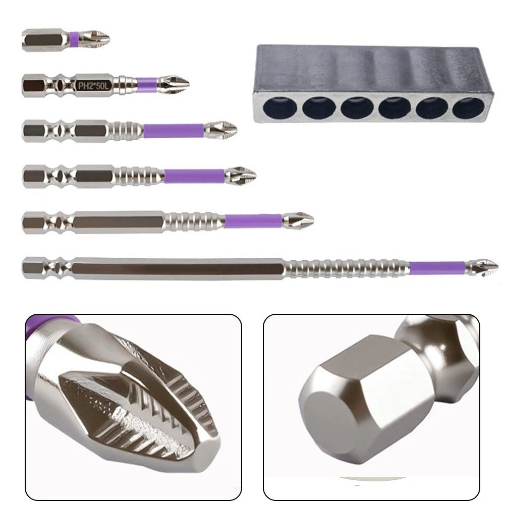 Set of 6 Alloy Steel PH2 Screwdriver Bits for Various Drilling Needs
