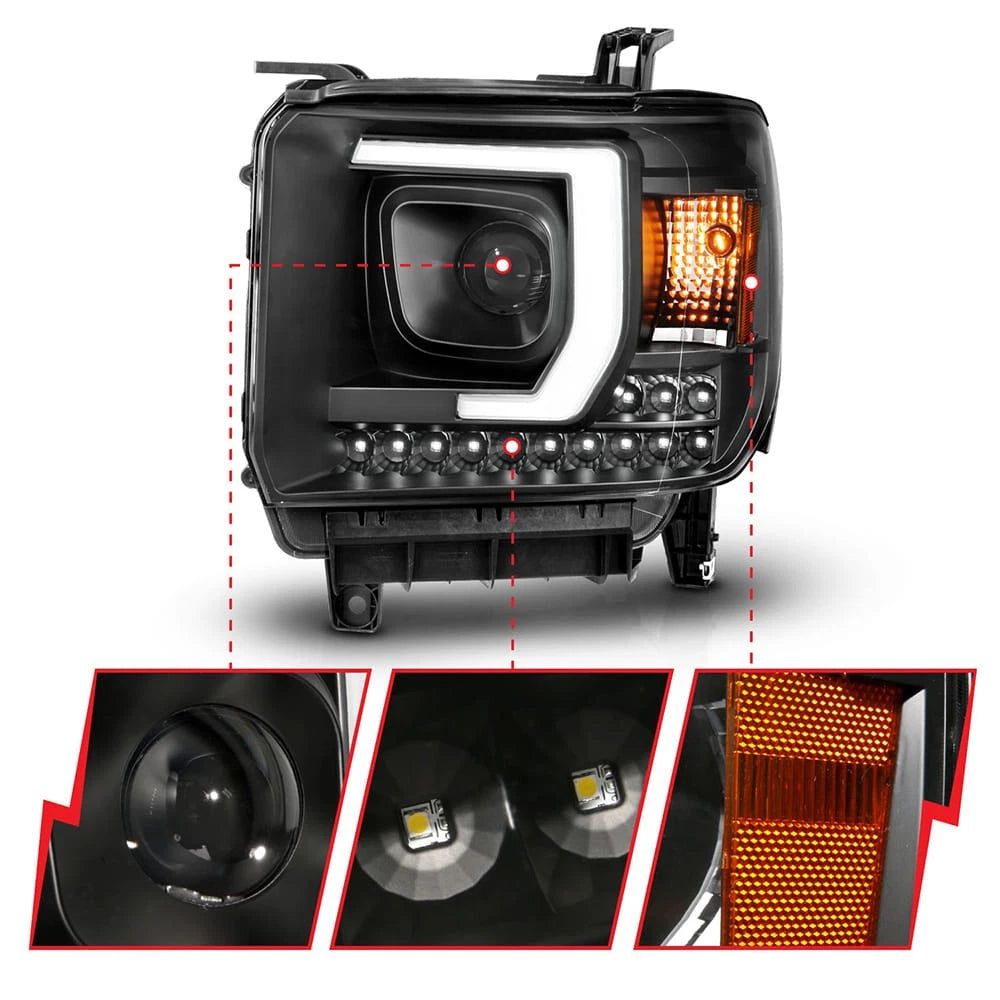 Projector Headlight Set Black Clear Lens Replacement for GMC Sierra 3500HD (2014–2016)