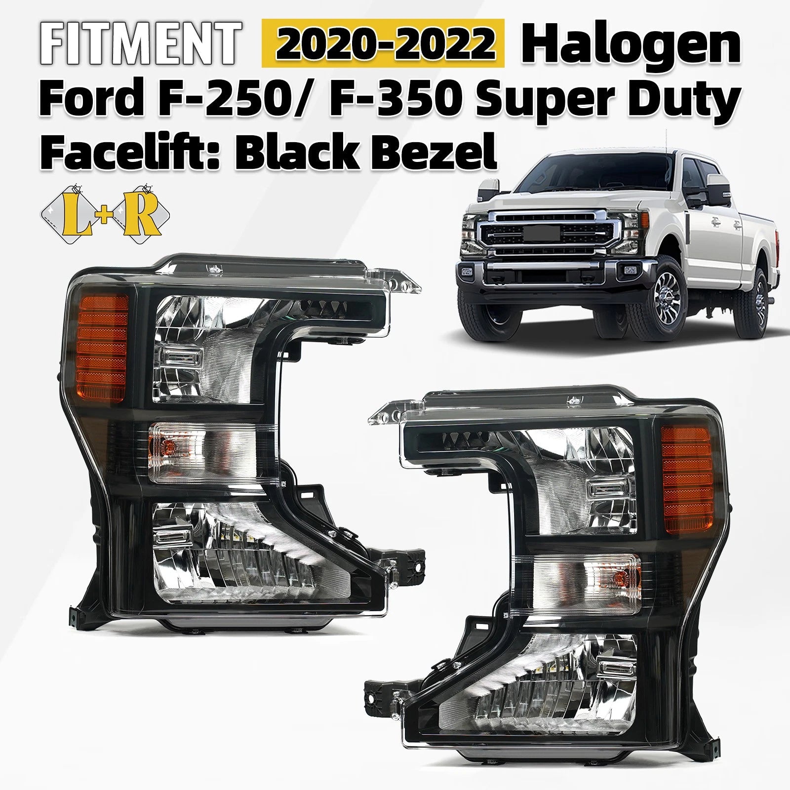 Set of 2 Upgrade Black Halogen Headlights for Ford F-250 Super Duty (2020–2022)