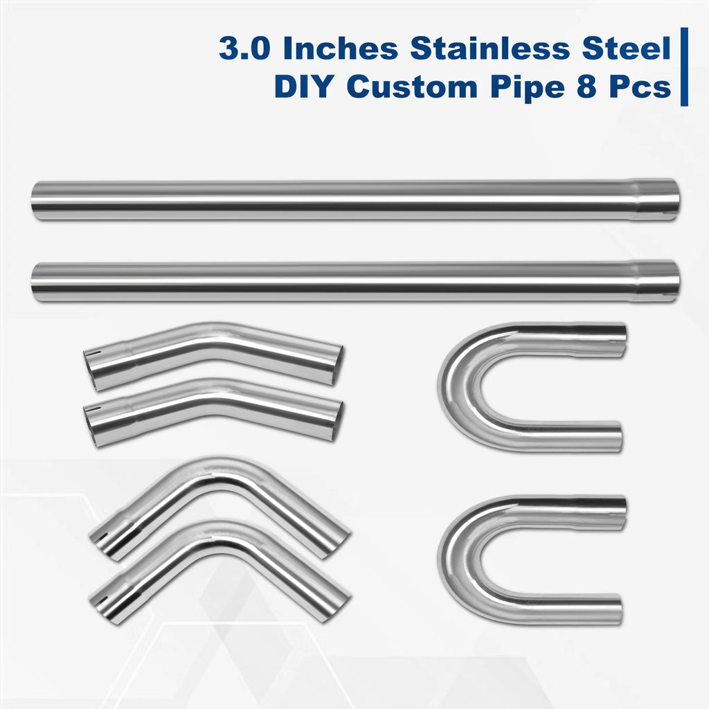 8Pcs 3" OD Stainless Steel Mandrel Bend Exhaust Pipes for Universal Fit