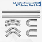 8Pcs 3" OD Stainless Steel Mandrel Bend Exhaust Pipes for Universal Fit