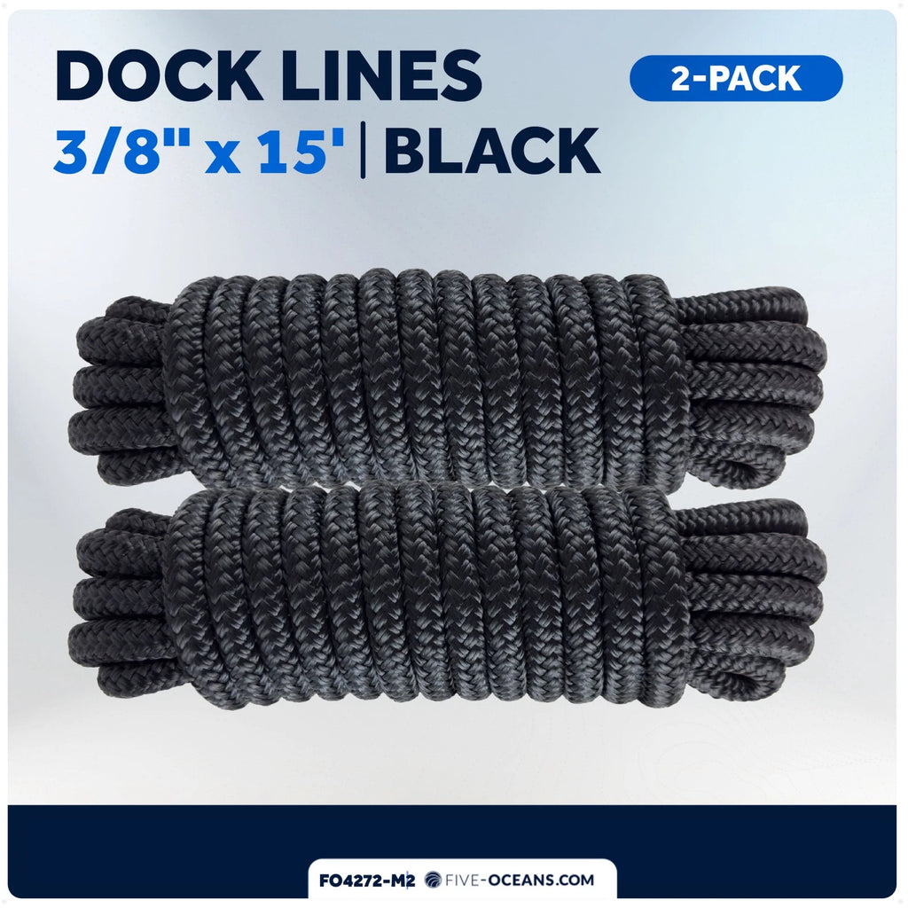 Dock Lines 2 Pack for Marine Boat (3/8 Inch x 15 Feet) Black