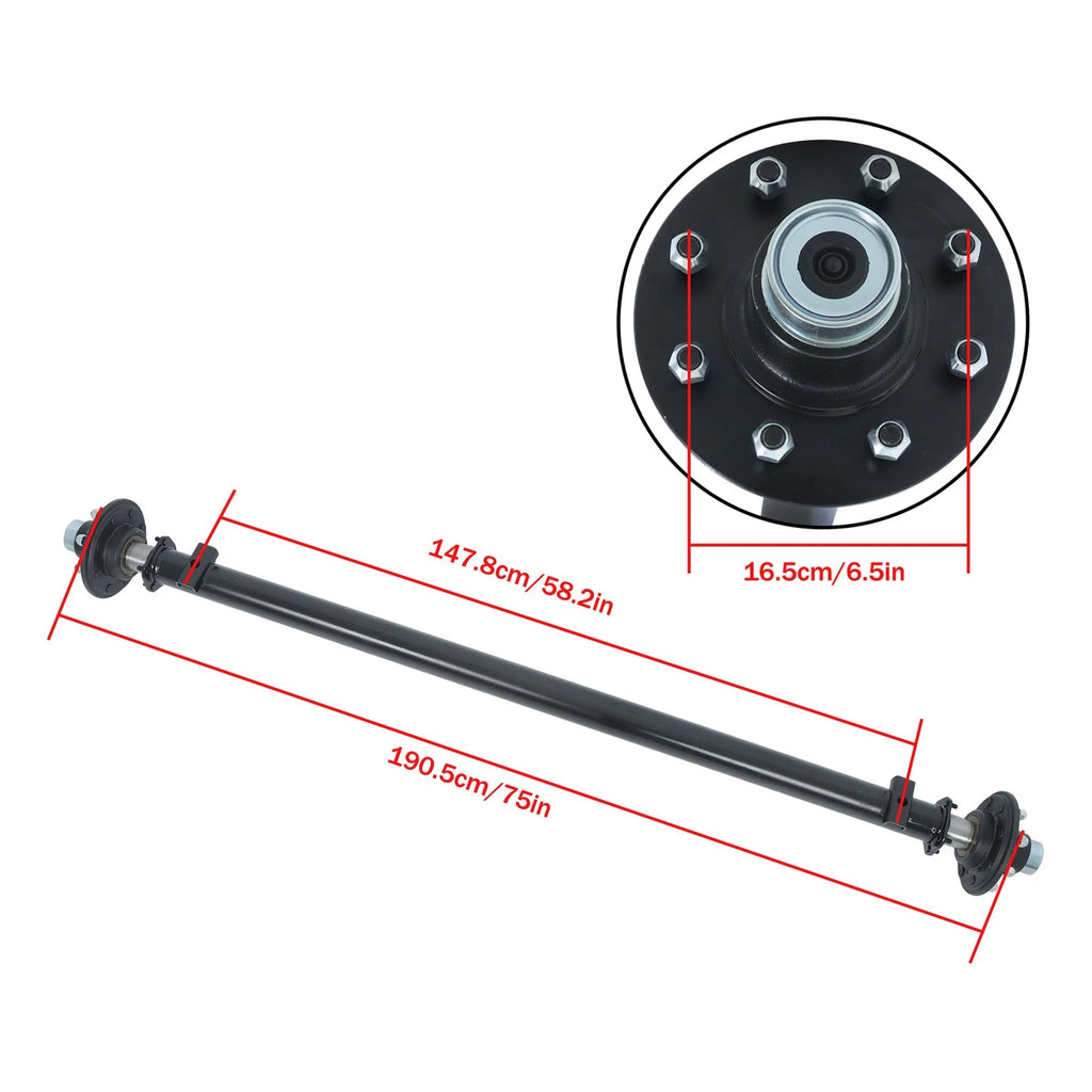 7k Trailer Axle for 8 Lug Vehicles (75" Hub Face, 58" Spring Center)