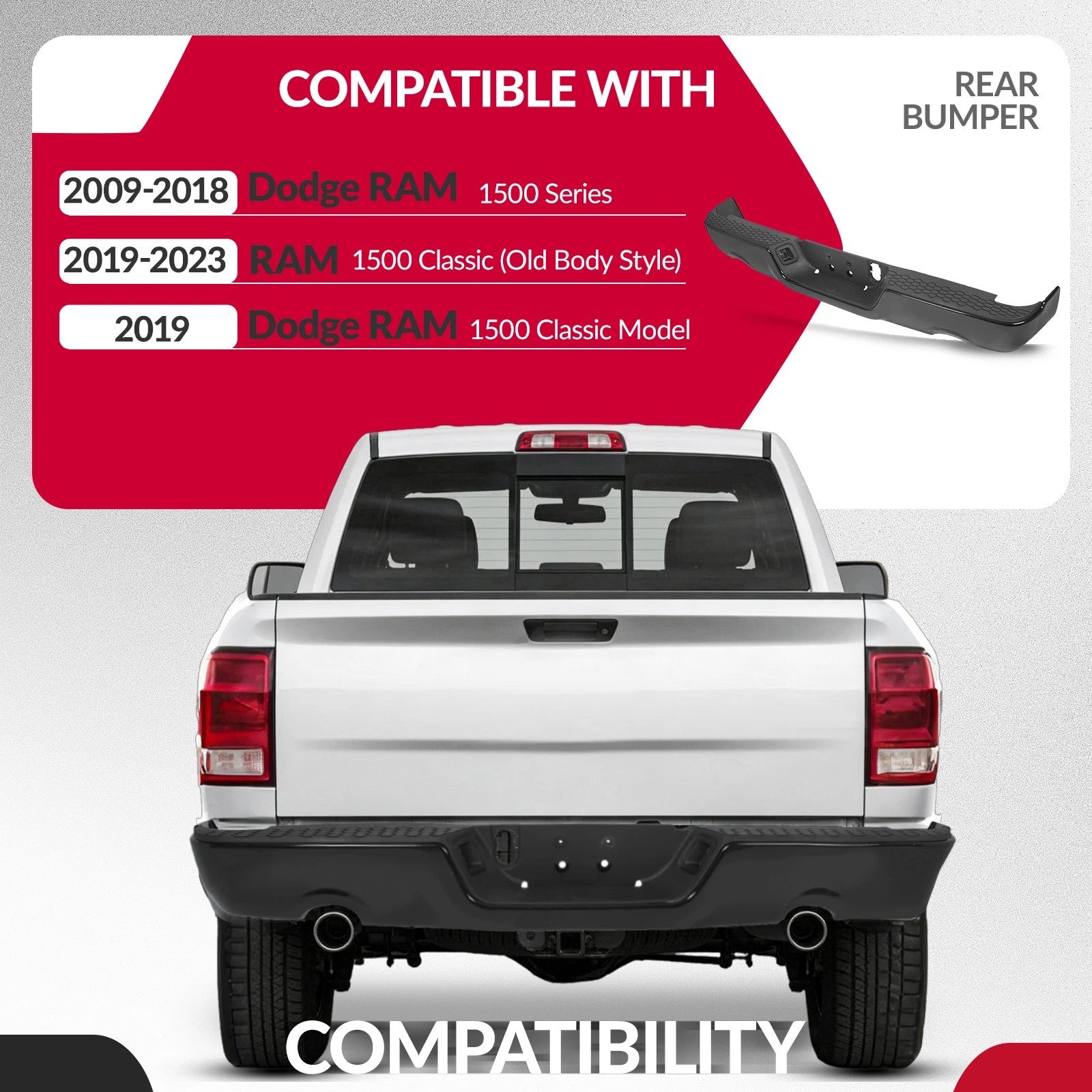 Black Rear Step Bumper for Dodge Ram 1500 (2009-2018) W/O Sensor, Dual Exhaust