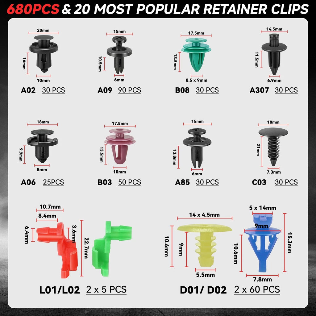 Nylon Retainer Clips + Fastener Removal Tools for 6-10mm Holes