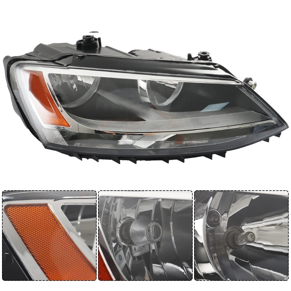 RH Right Headlight for Volkswagen Jetta (2011–2018) Halogen Black Clear