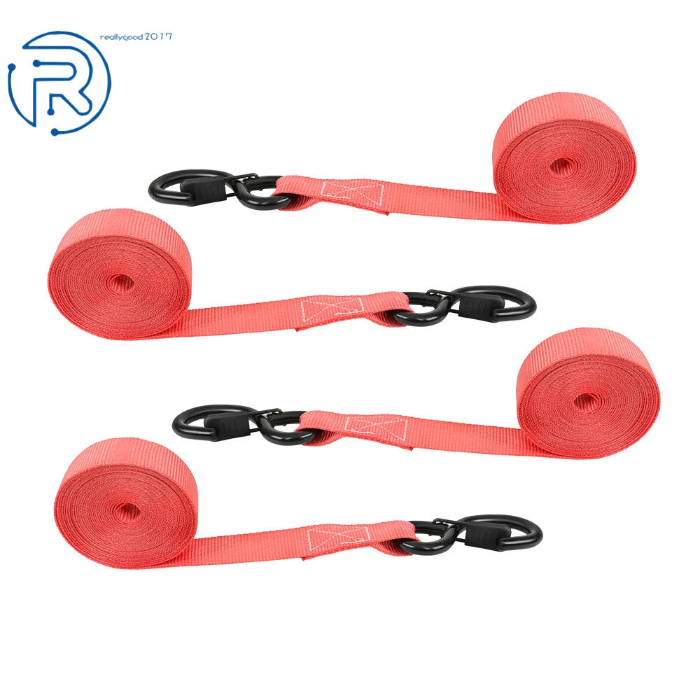 Set of 4 Red Steel 2200 LB Ratchet Tie Down Straps with Break Lock S Hooks 15 FT