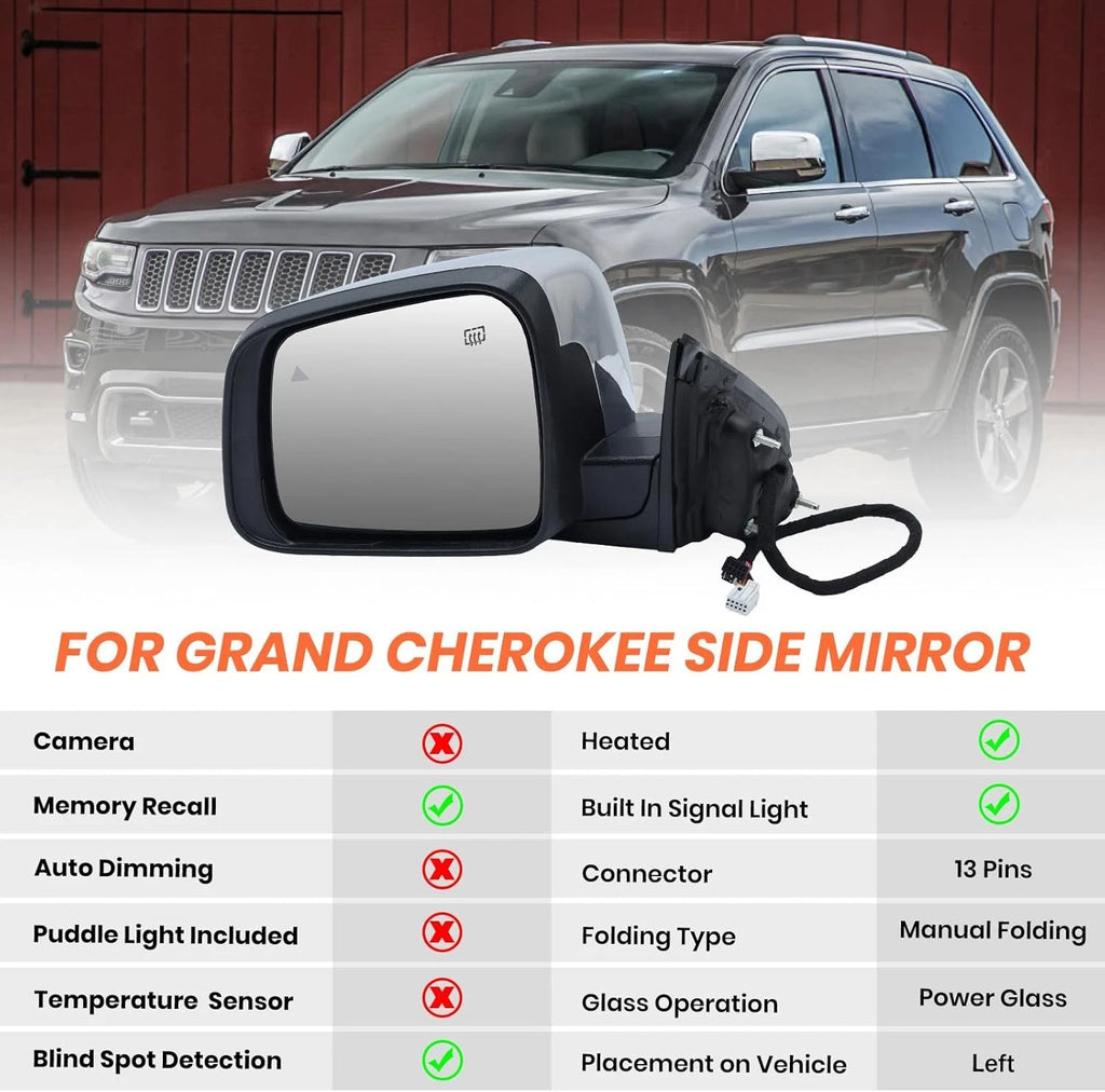 Driver Side Mirror for Jeep Grand Cherokee (2011–2022) - Manual Folding, Blind Spot