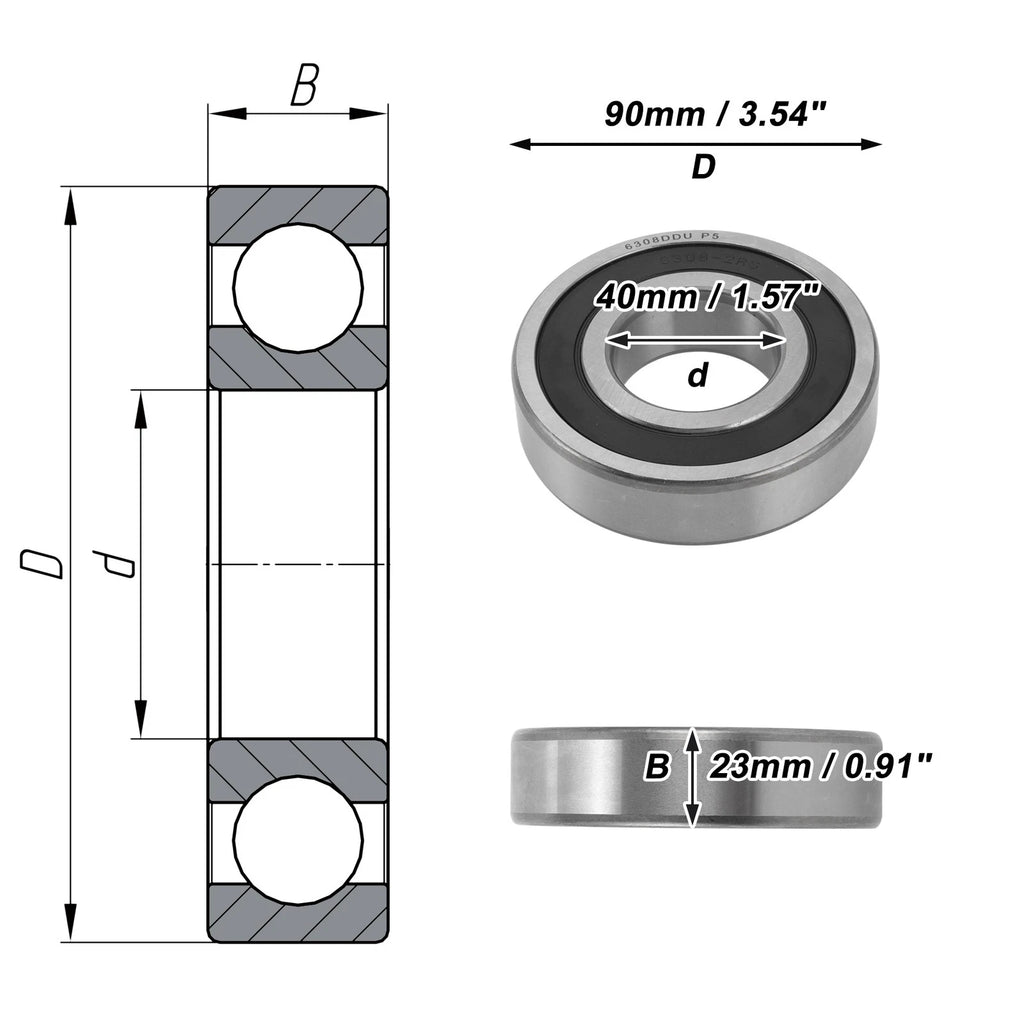6308DDU Deep Groove Ball Bearings for Scooter Skateboard Wheel (40x90x23mm)