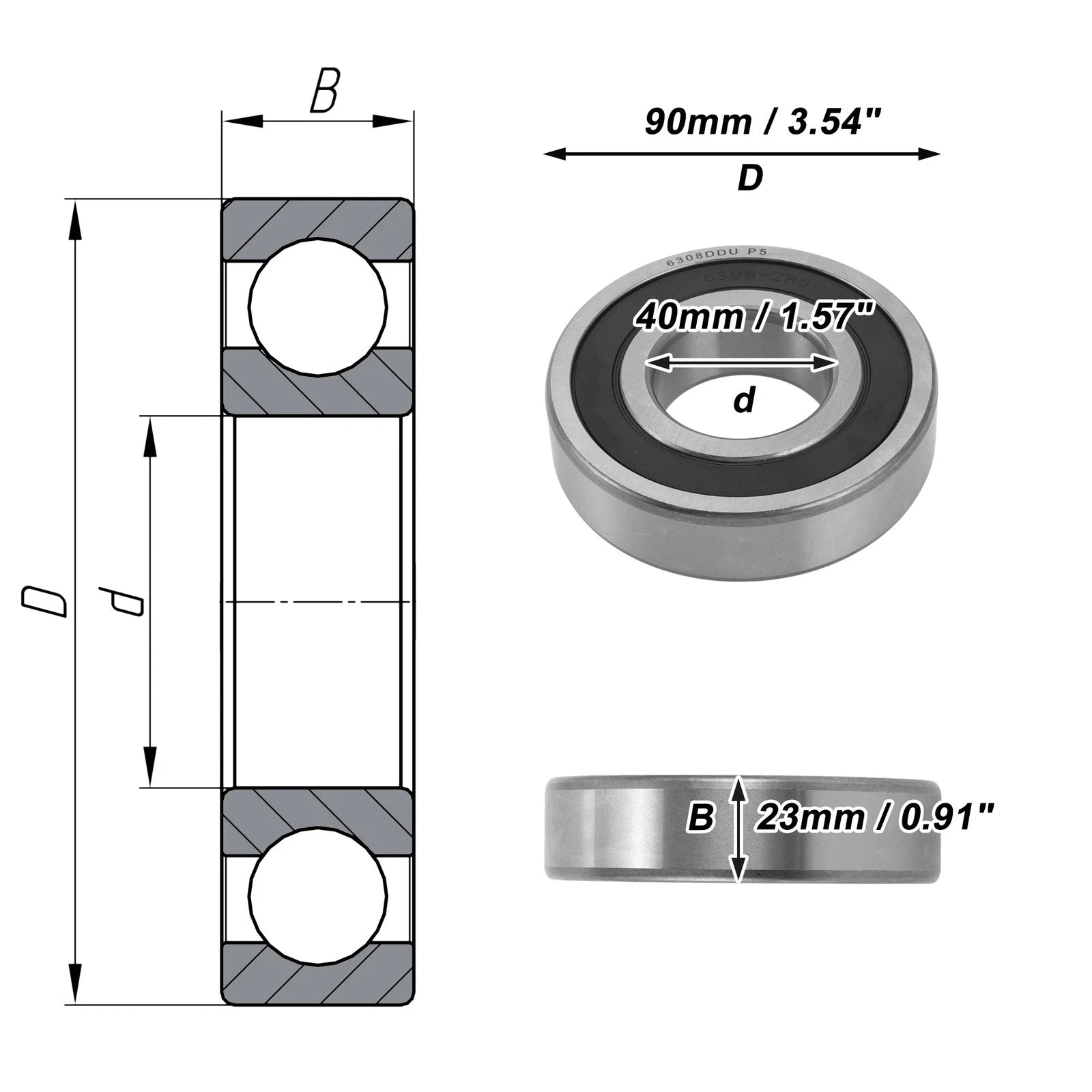 6308DDU Deep Groove Ball Bearings for Scooter Skateboard Wheel (40x90x23mm)