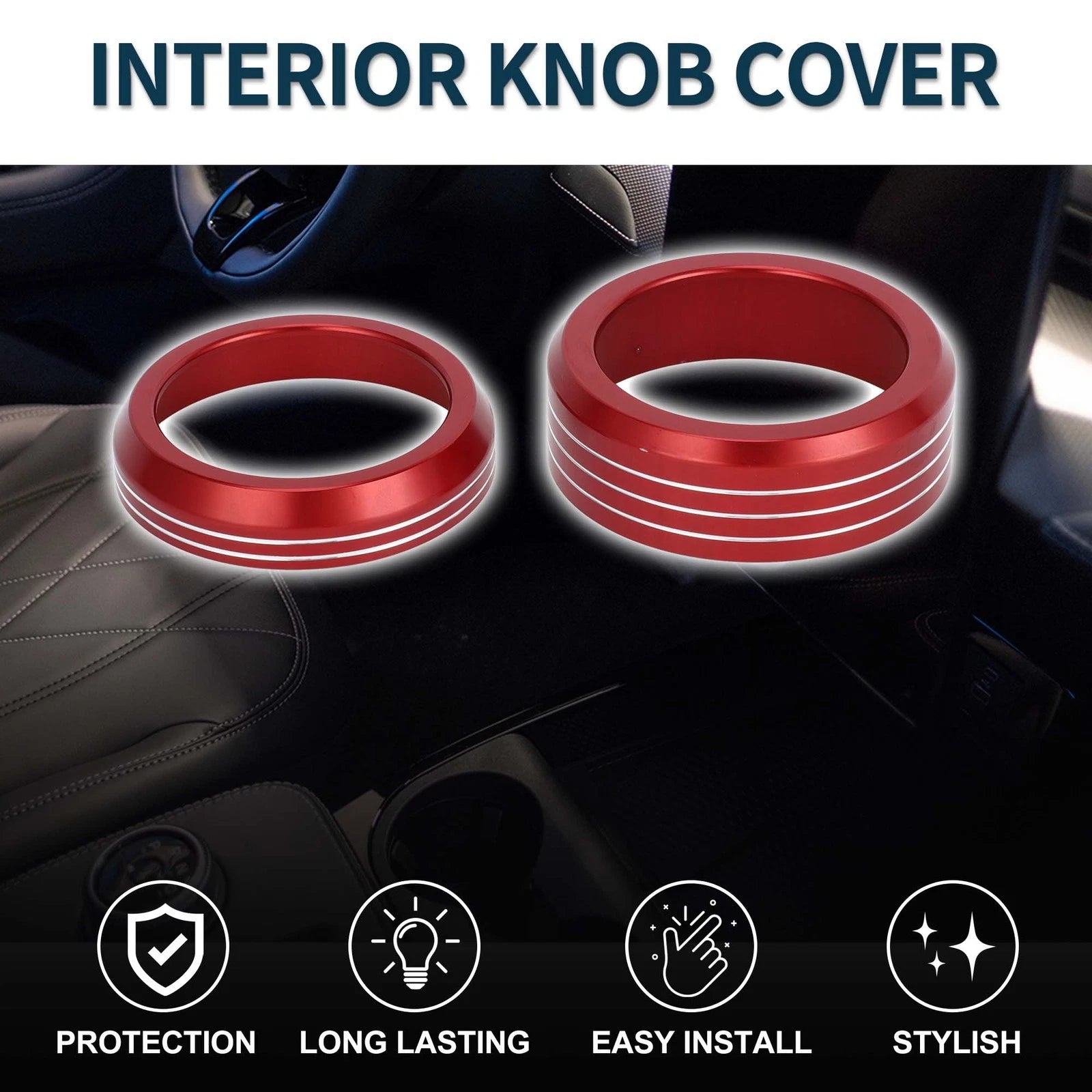 Set of 2 Media Volume Gear Shift Switch Knob Cover Ring for Ford Mach-E (2021–2024) Red