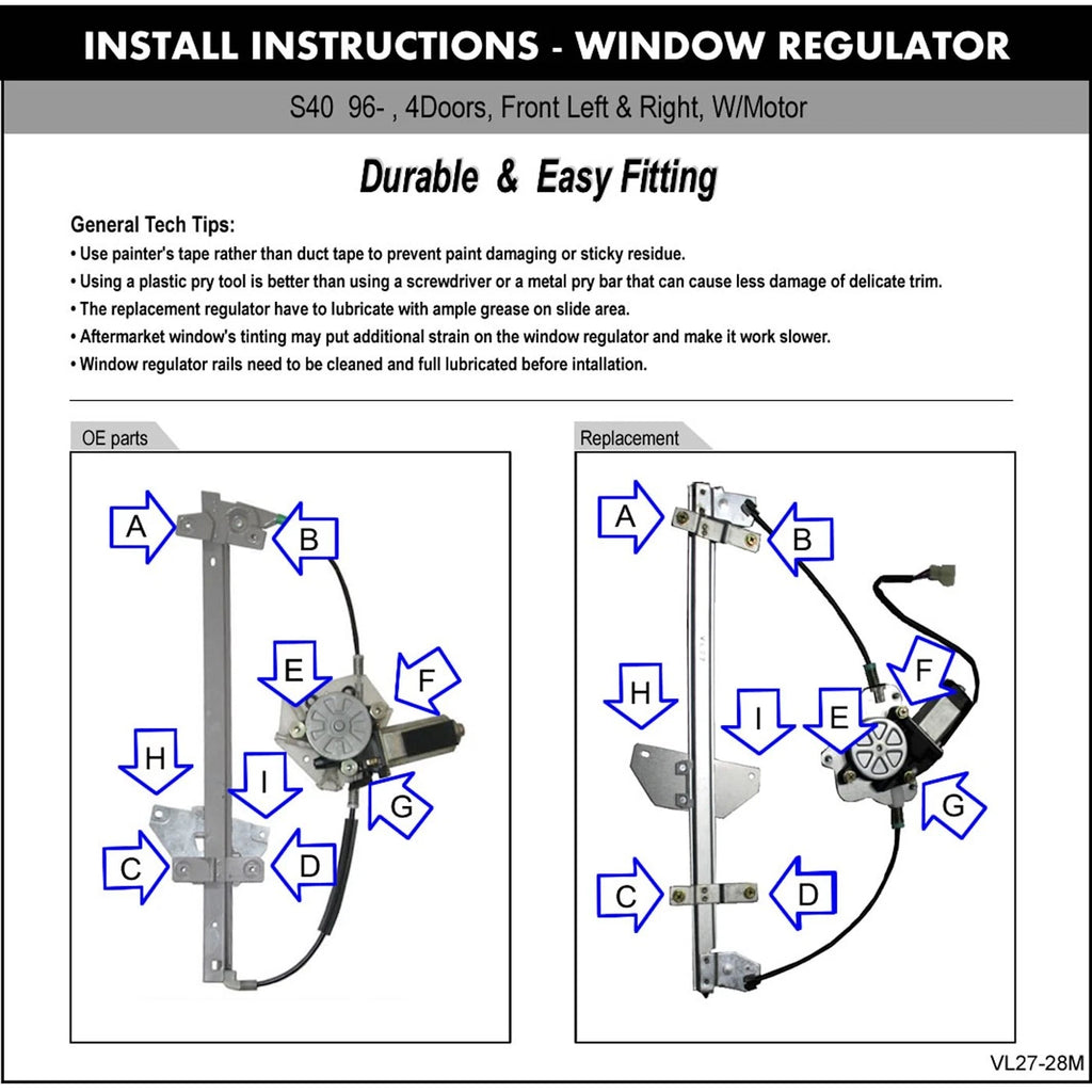 Window Regulator for Volvo S40 V40 (2000–2004)