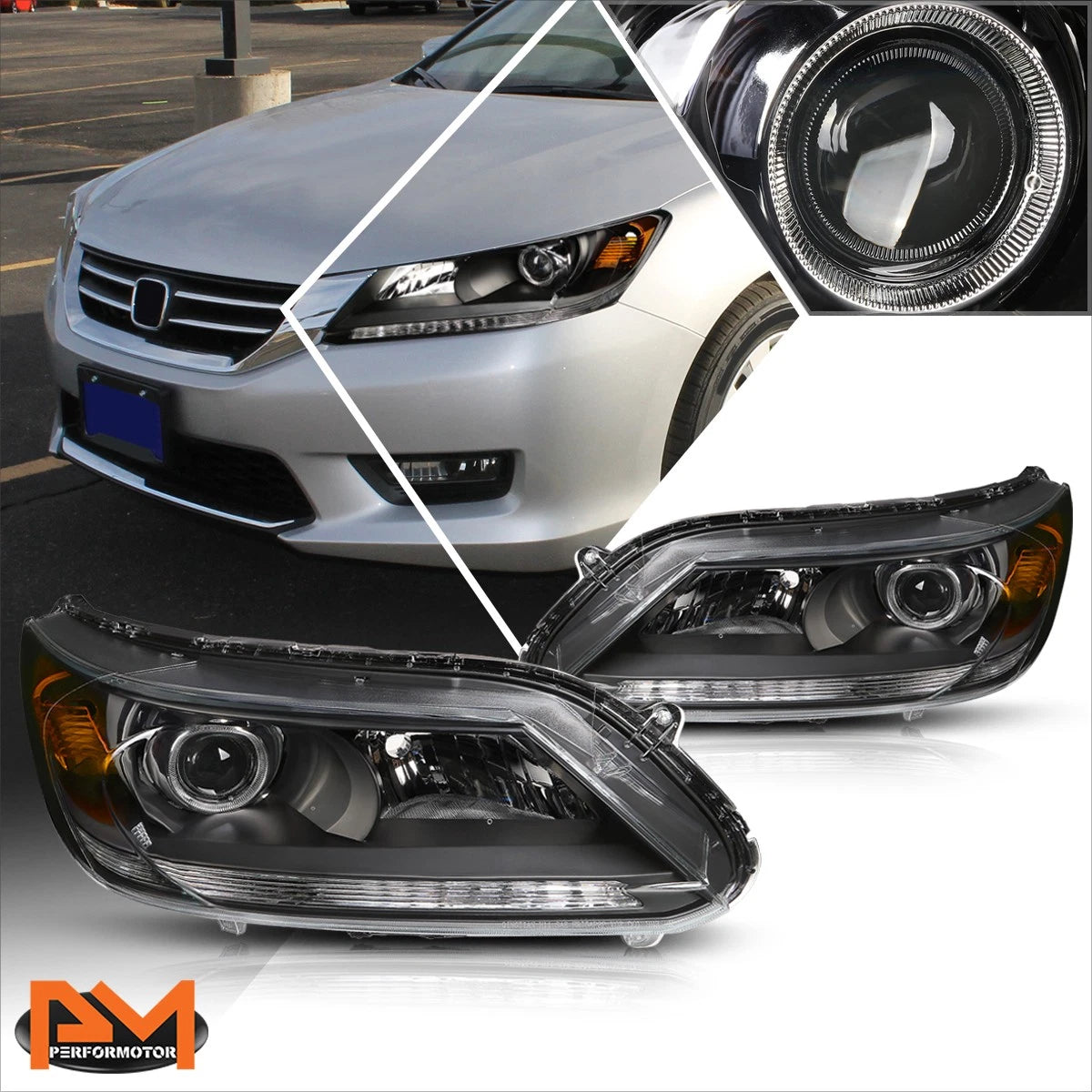Projector Headlights for Honda Accord (2013–2015) Black Housing Amber Corner Pair