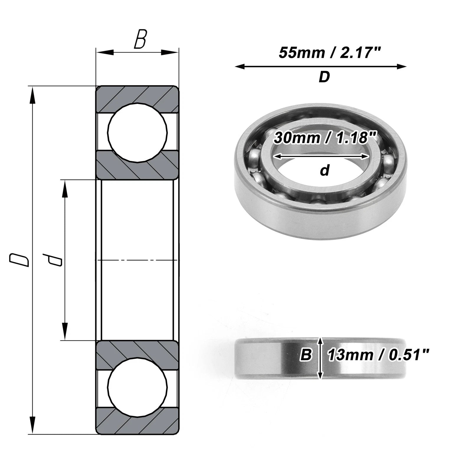 Deep Groove Ball Bearing 30x55x13mm for Scooter Skateboard (1 Pc)