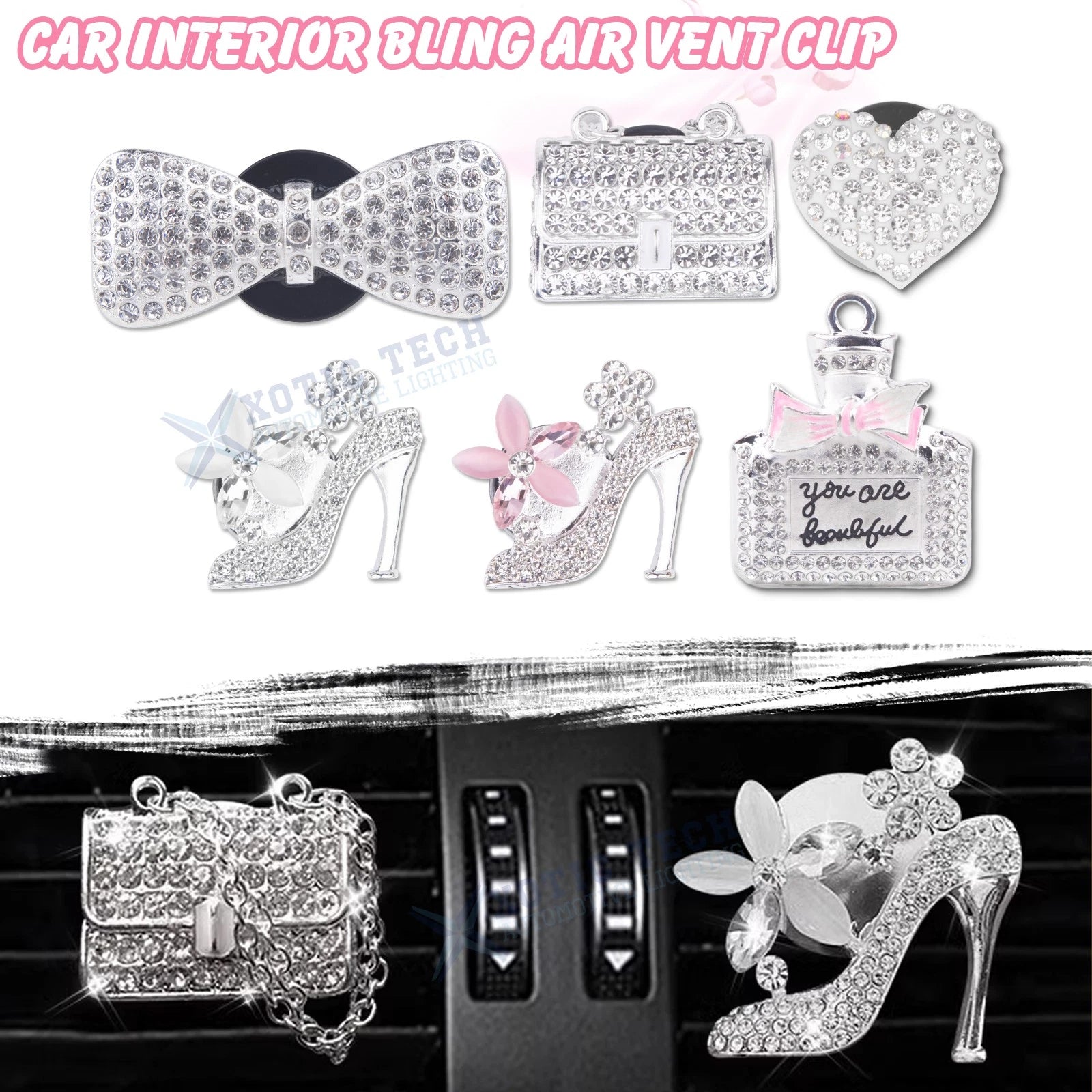 Bling Handbag Heart Shaped Auto Air Conditioning Clip Charm Set (Combo)