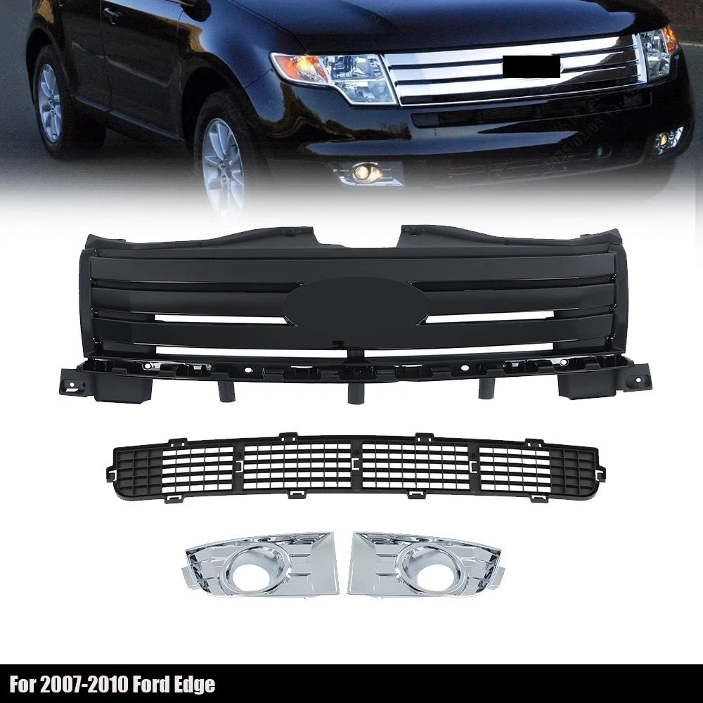 Chrome Front Upper Bumper Grille + Fog Light Lamp for Ford Edge (2007–2010)