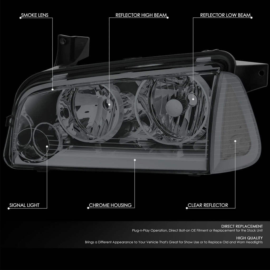 Pair of Smoked Headlights with Clear Turn Signal for Dodge Charger (2006–2010)