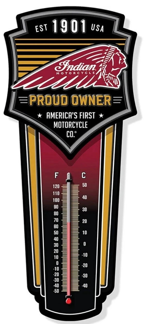 Indian Motorcycle Thermometer 17" Metal Sign for Garage Bar