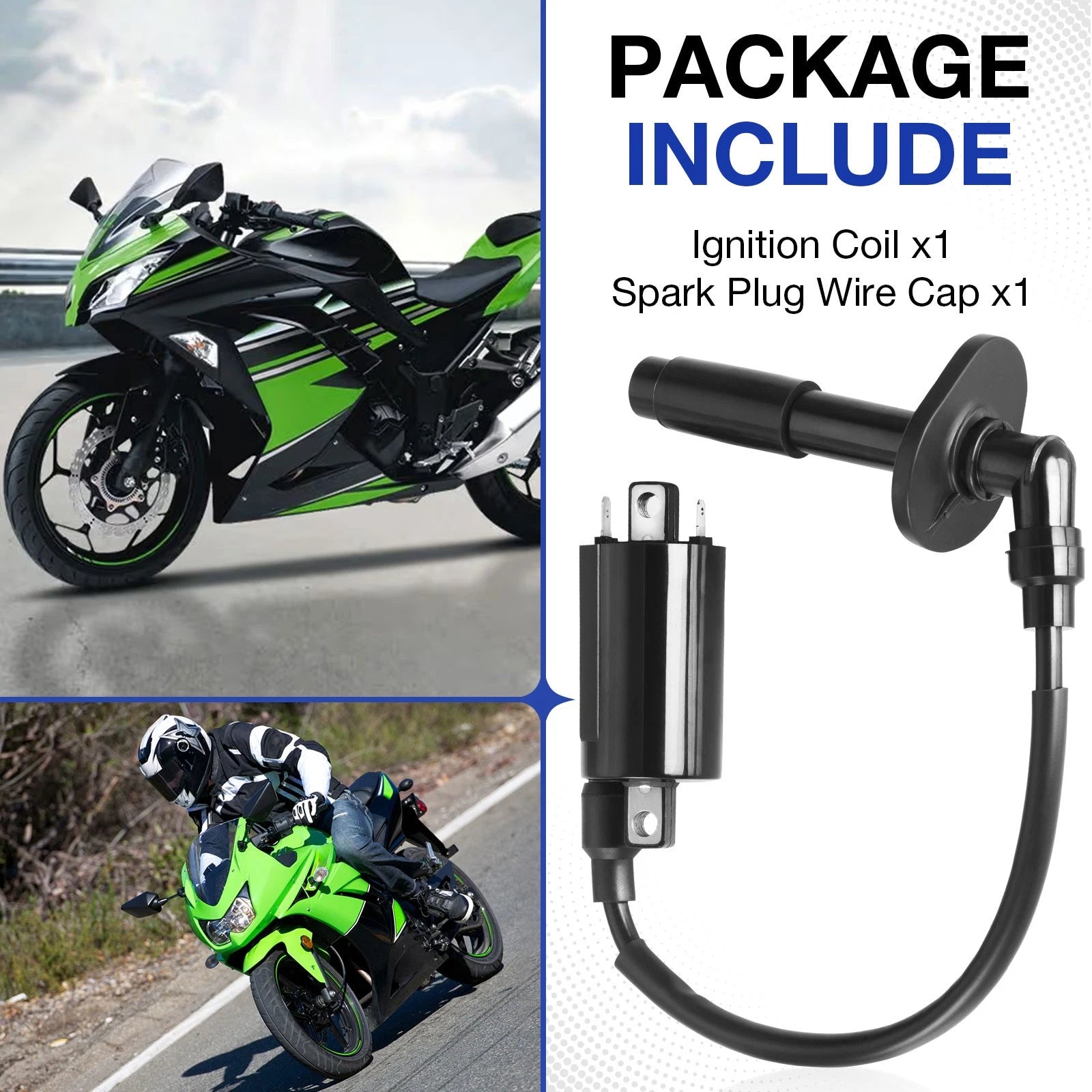 Ignition Coil w/ Spark Plug Cap for Kawasaki Ninja 250R Eliminator 250 (1988–2007)