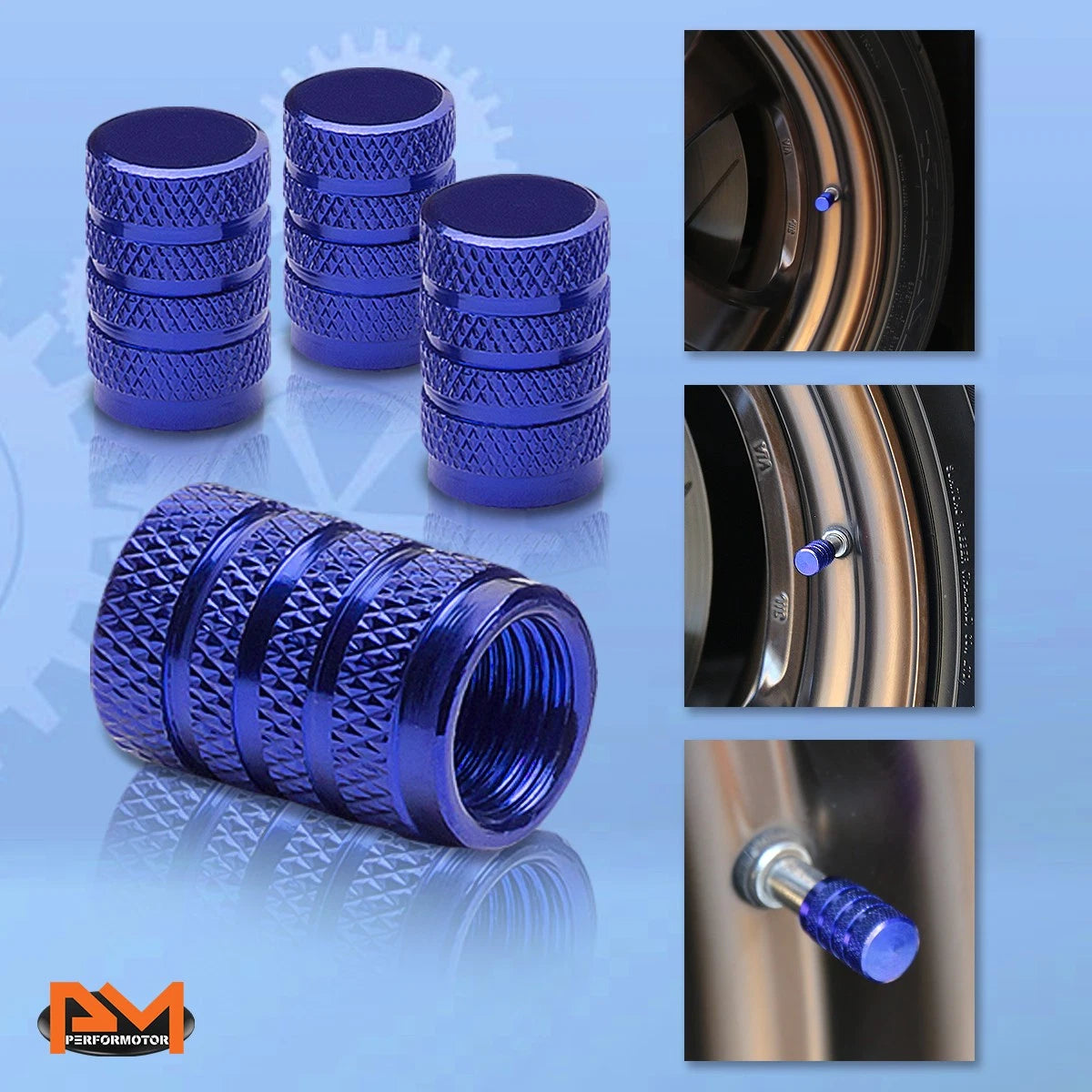 Set of 4 Blue Aluminum Tire Stem Caps for Universal Vehicles
