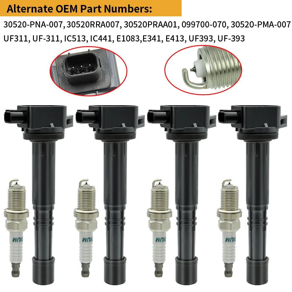 Set of 4 Ignition Coils & 4 Spark Plugs for Honda CR-V Civic Element Acura CSX (UF311)