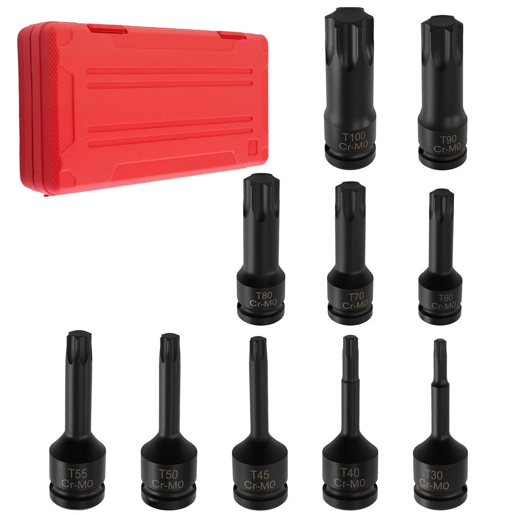 10Pcs Impact Bit Socket Set 1/2" Drive T30-T100 6-Point Star Bits