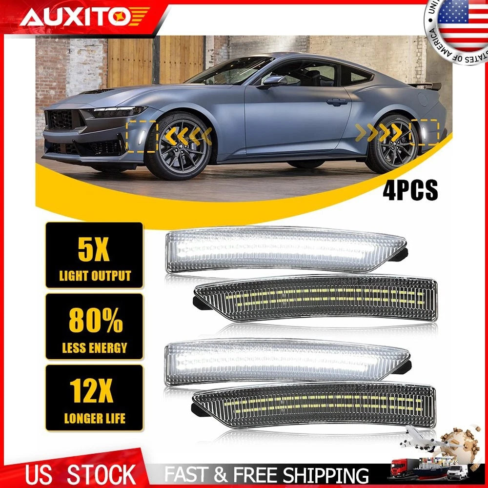 4X LED Side Marker Lights for Ford Mustang (2024–2025) Clear White Lens