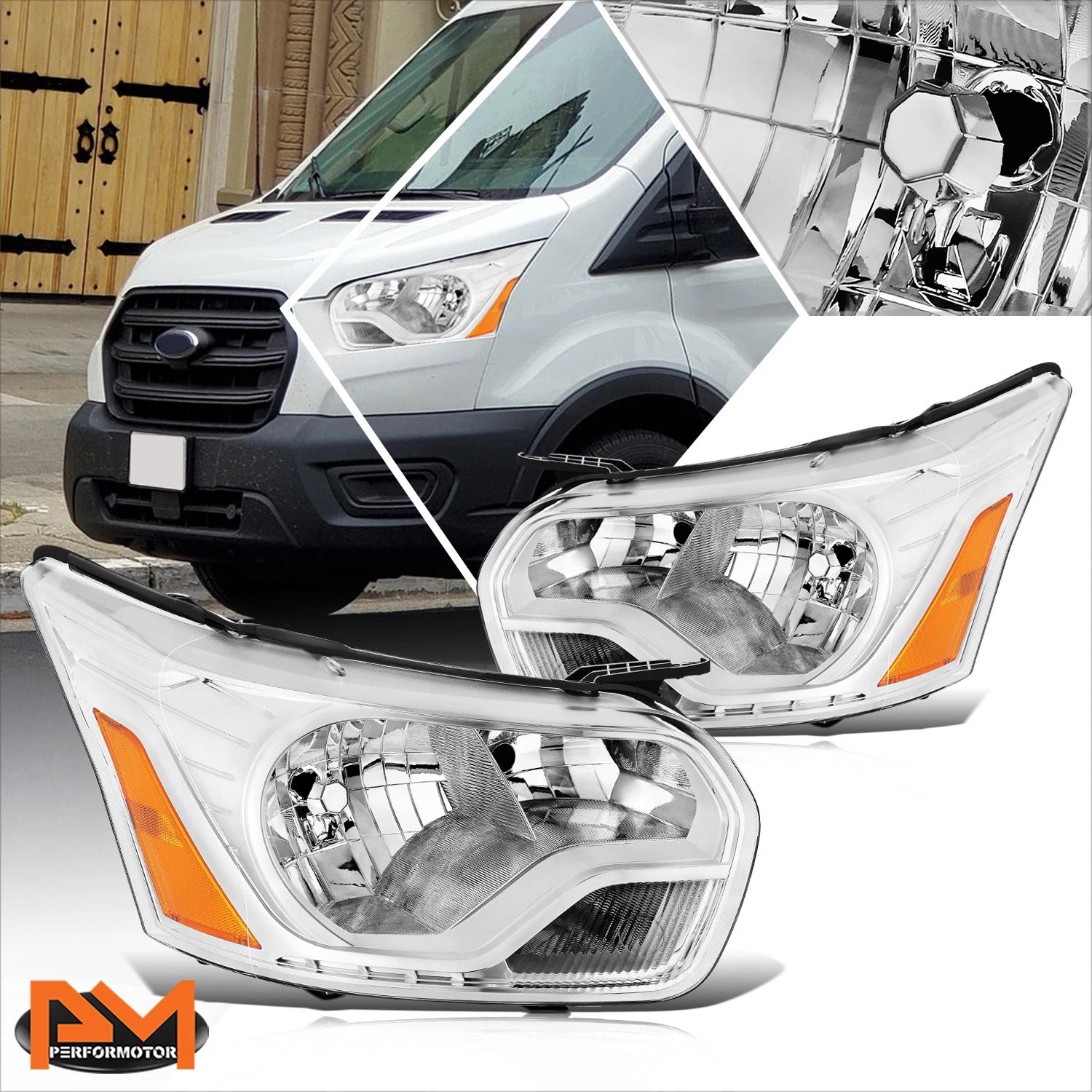 Chrome Housing Amber Corner Headlights for Ford Transit 150 250 350 (2015–2023)