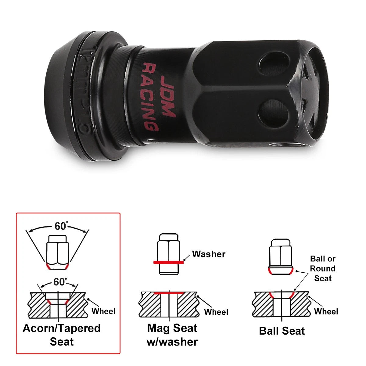 Set of 20 M12X1.5 Black JDM Closed End Lug Nuts with Spline Locks & Key