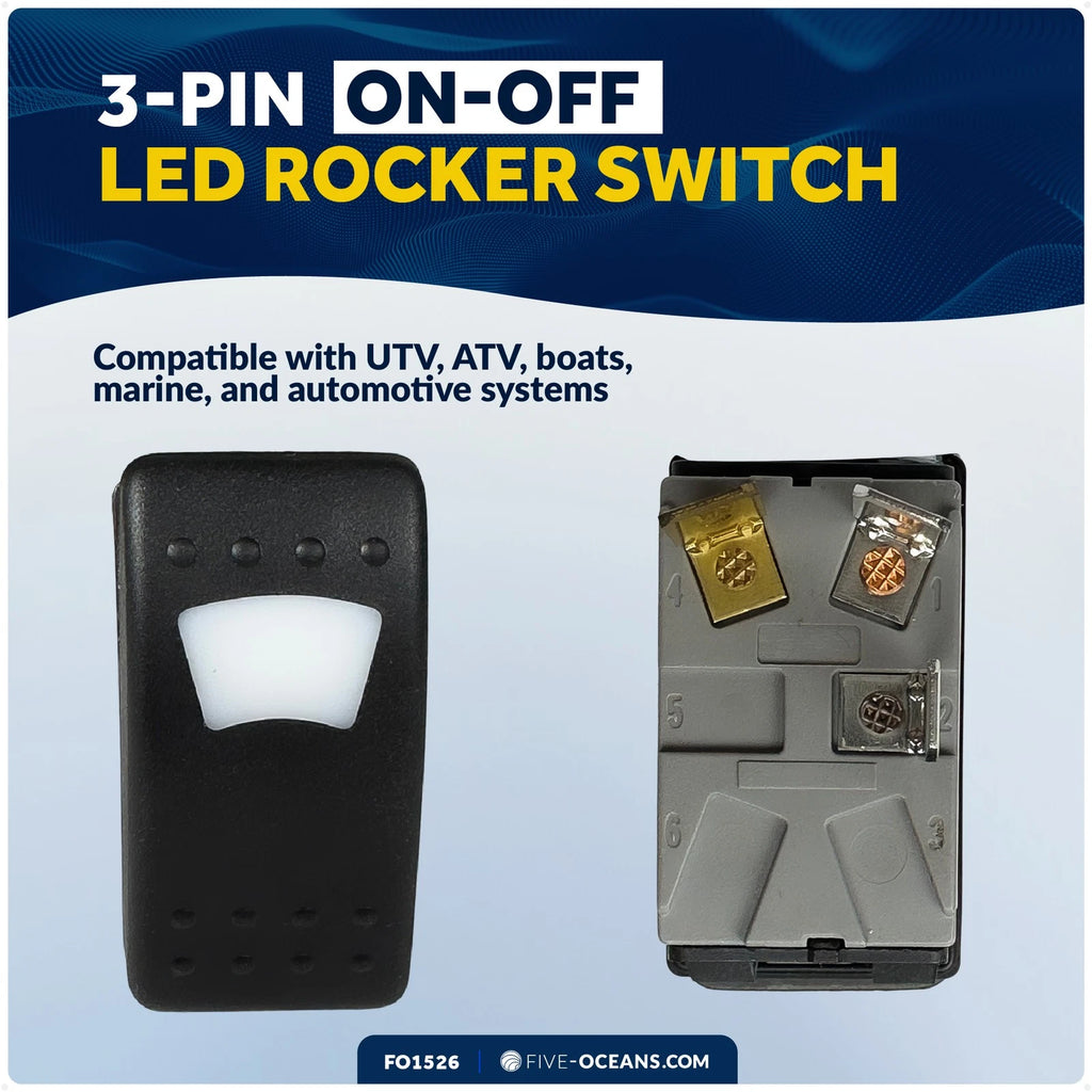 3-Pin On-Off LED Rocker Switch 25A/12V DC, 15A/24V DC, SPST, IP66 Waterproof