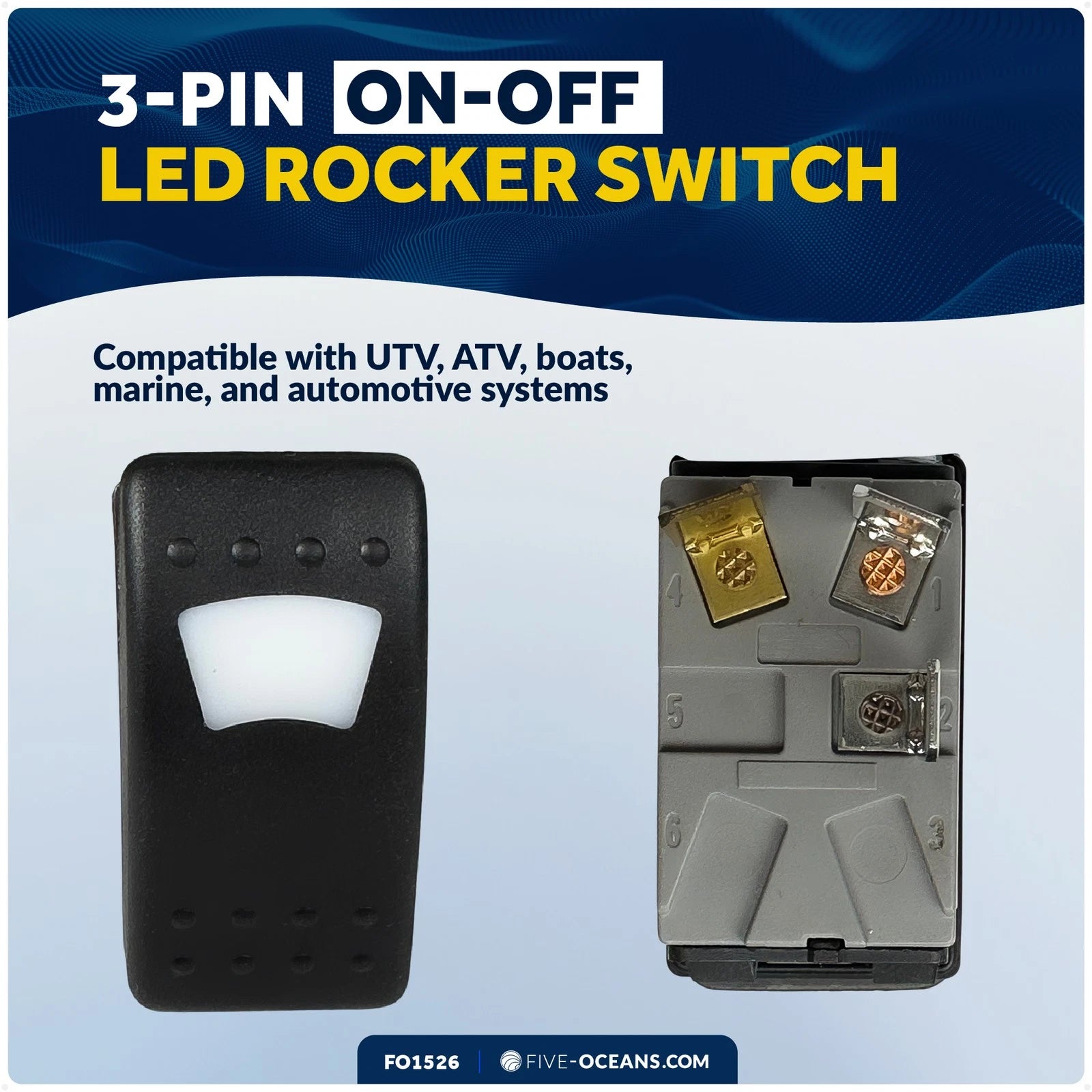 3-Pin On-Off LED Rocker Switch 25A/12V DC, 15A/24V DC, SPST, IP66 Waterproof
