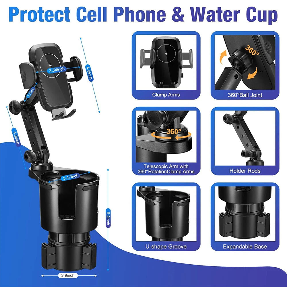 3-in-1 360° Wireless Car Charger Cup Holder Adapter for All Makes (2020–2024)