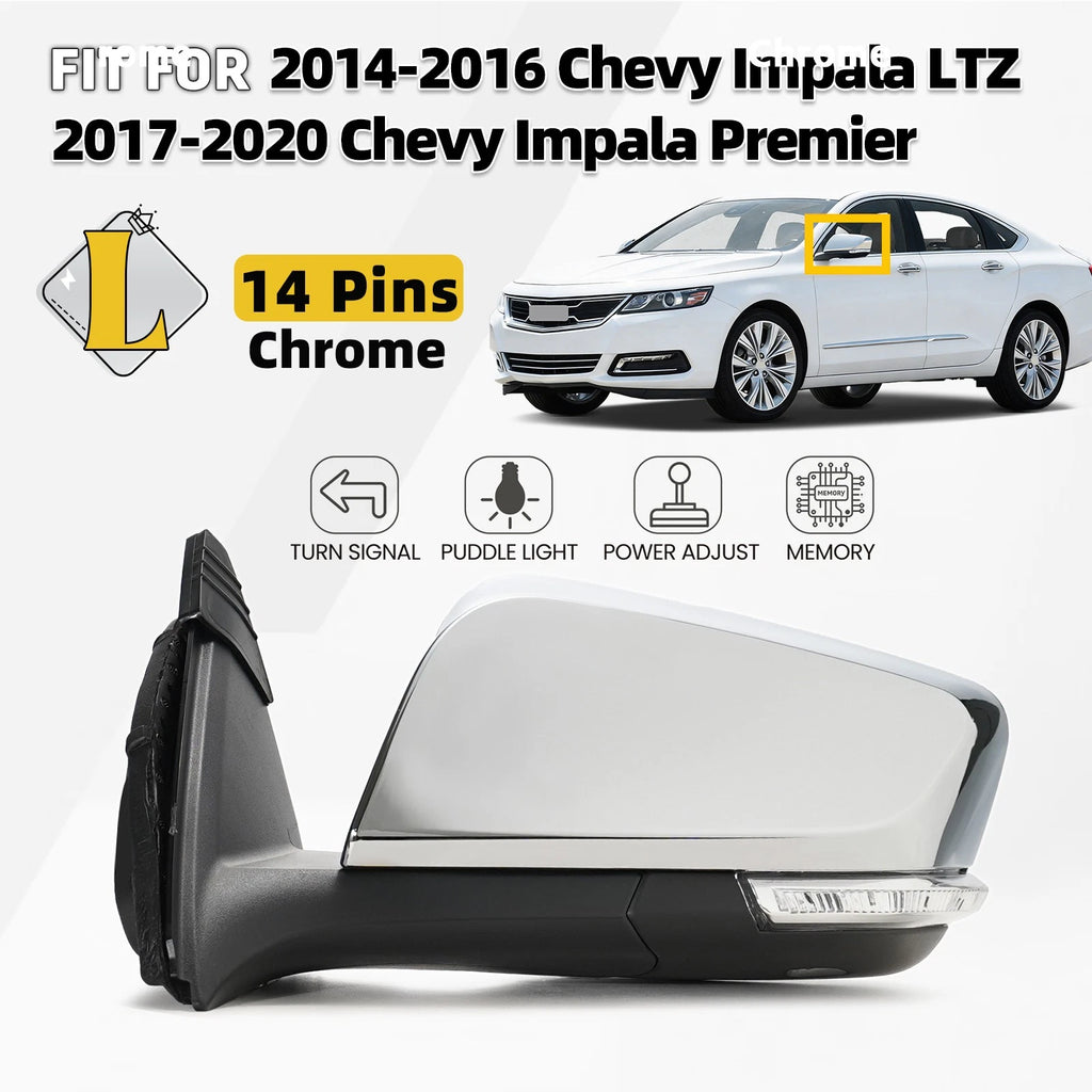 Left Side Mirror for Chevy Impala (2014–2020) w/Turn Signal, Memory, Chrome, 14 Pins