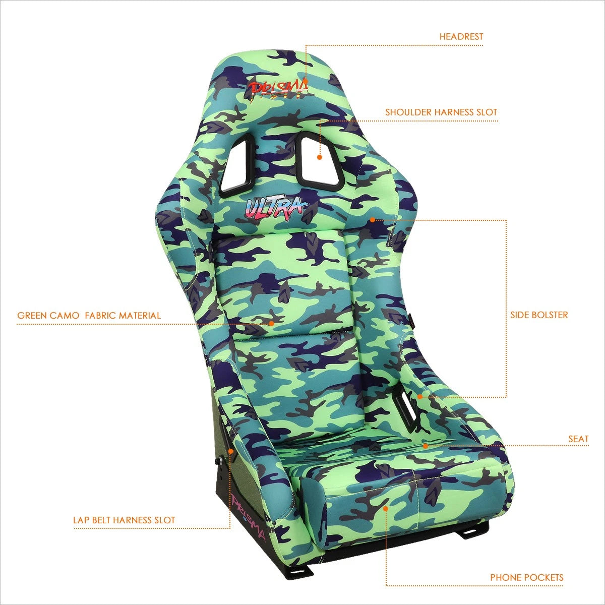 NRG FRP-303-GIJ Green Camo Prisma Fixed Back Racing Bucket Seat for Universal (2000–2023)