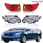 Pair of Halogen Chrome Headlights & Red Outer Tail Lights for Toyota Corolla (2009–2010)