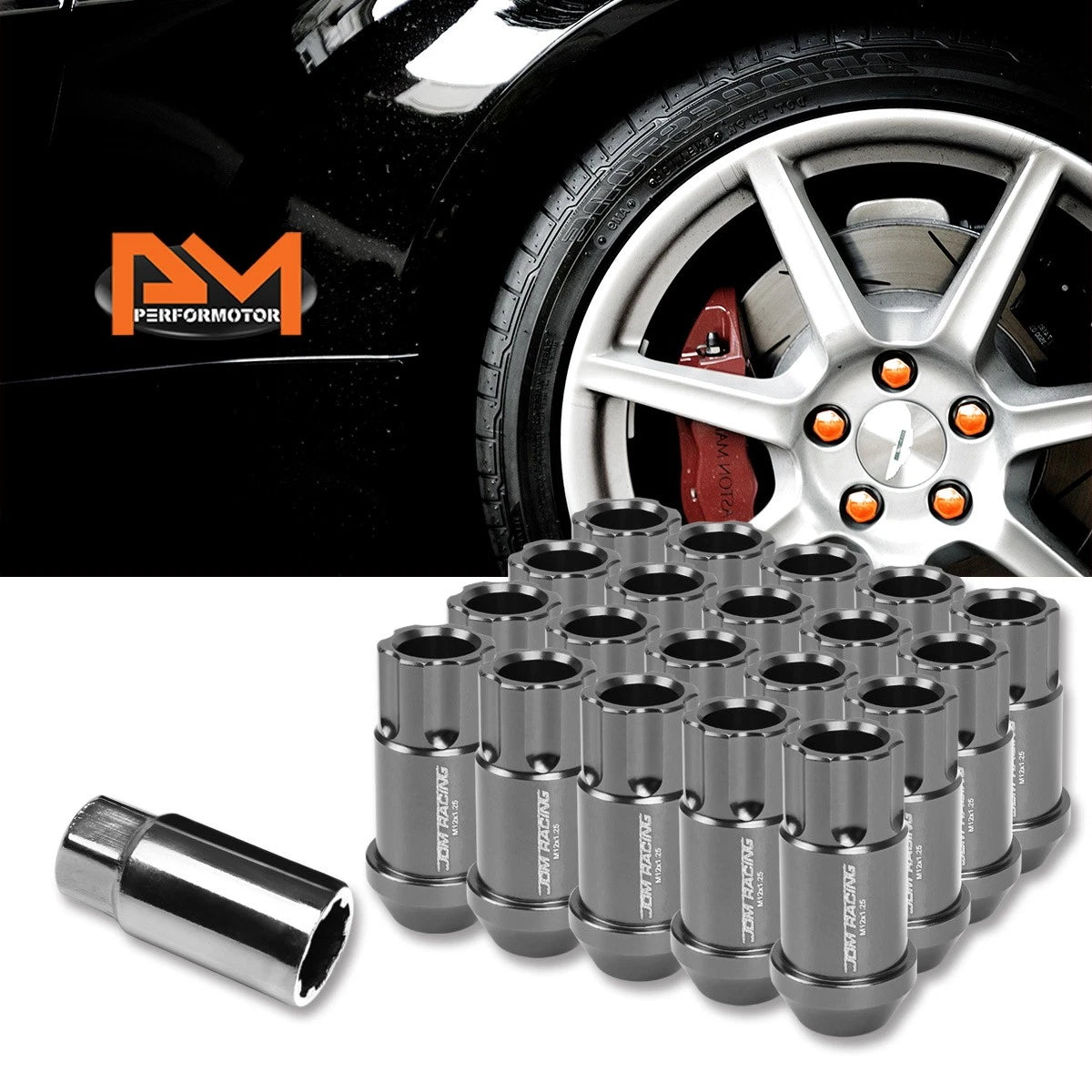 20Pc M12X1.25 Gunmetal JDM Open End Aluminum Spline Wheel Lug Nut + Key