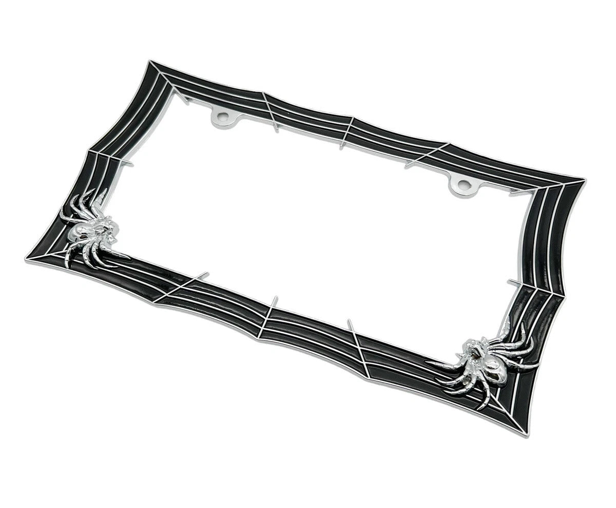 Spider Web License Plate Frame Black Chrome for Cars and Trucks (Universal)