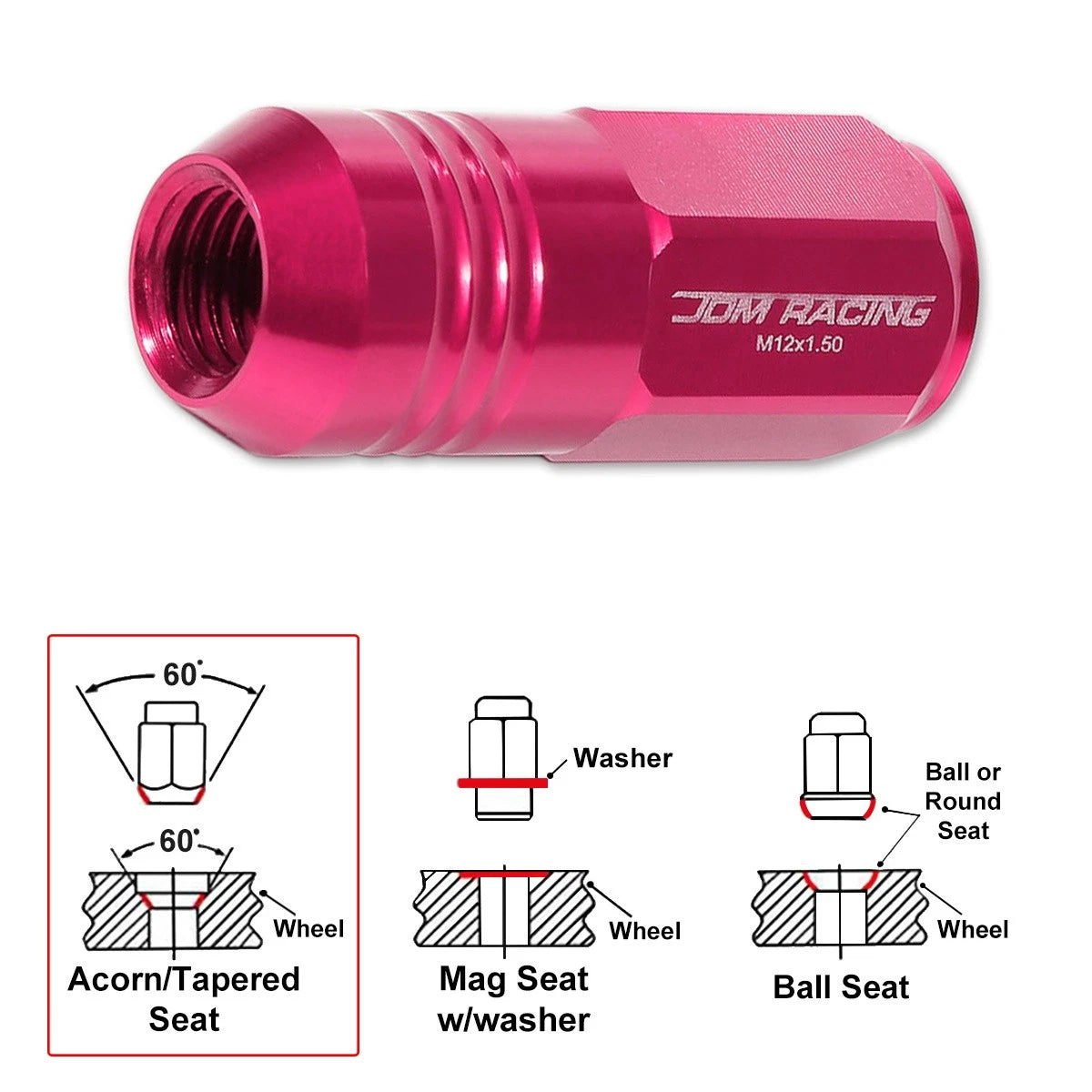 Set of 20 M12X1.5 Pink JDM Closed End Cone Hex Wheel Lug Nuts + Extension 20mm