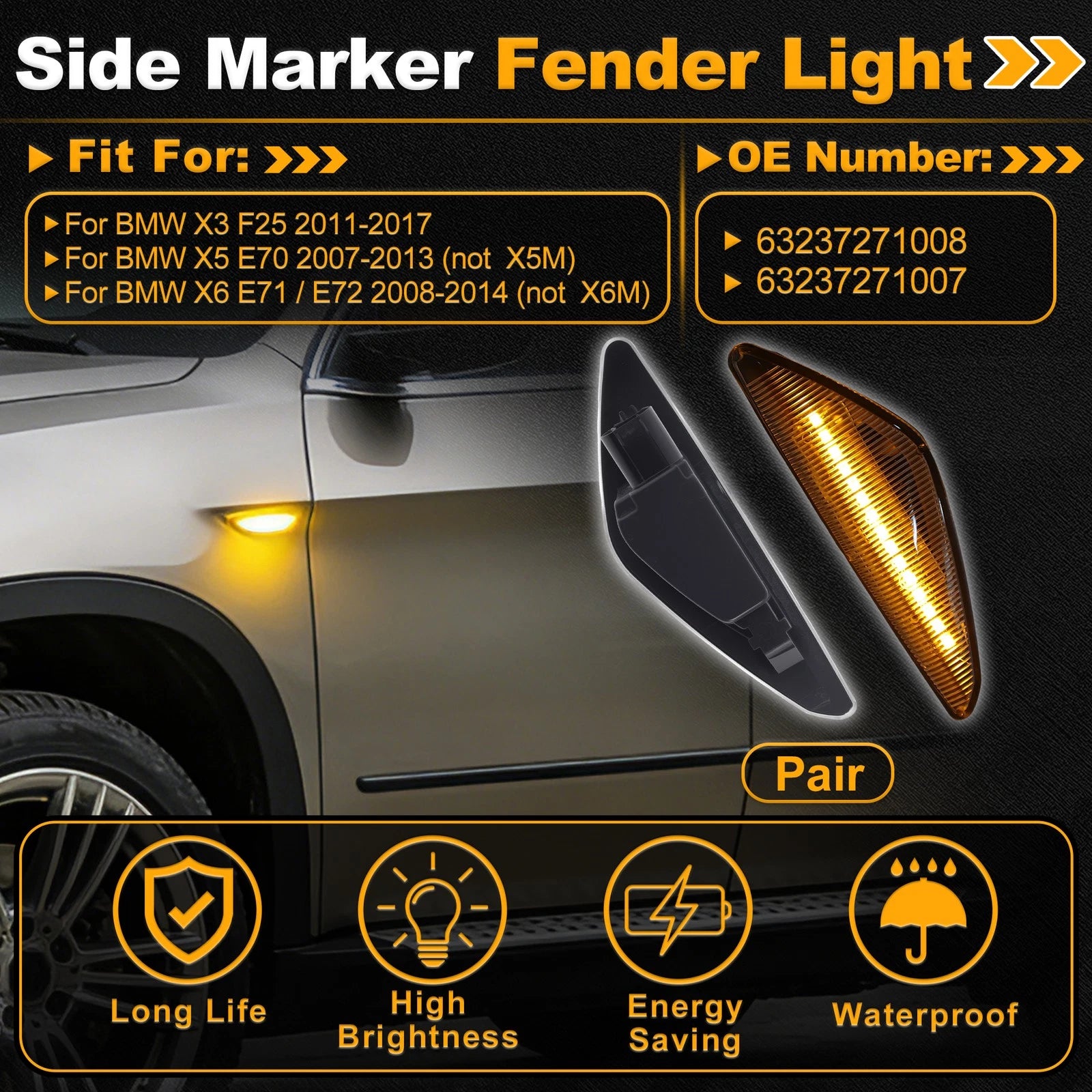 Side Marker Fender Light 63237271008 for BMW X3 F25 (2011–2017) Transparent Lens