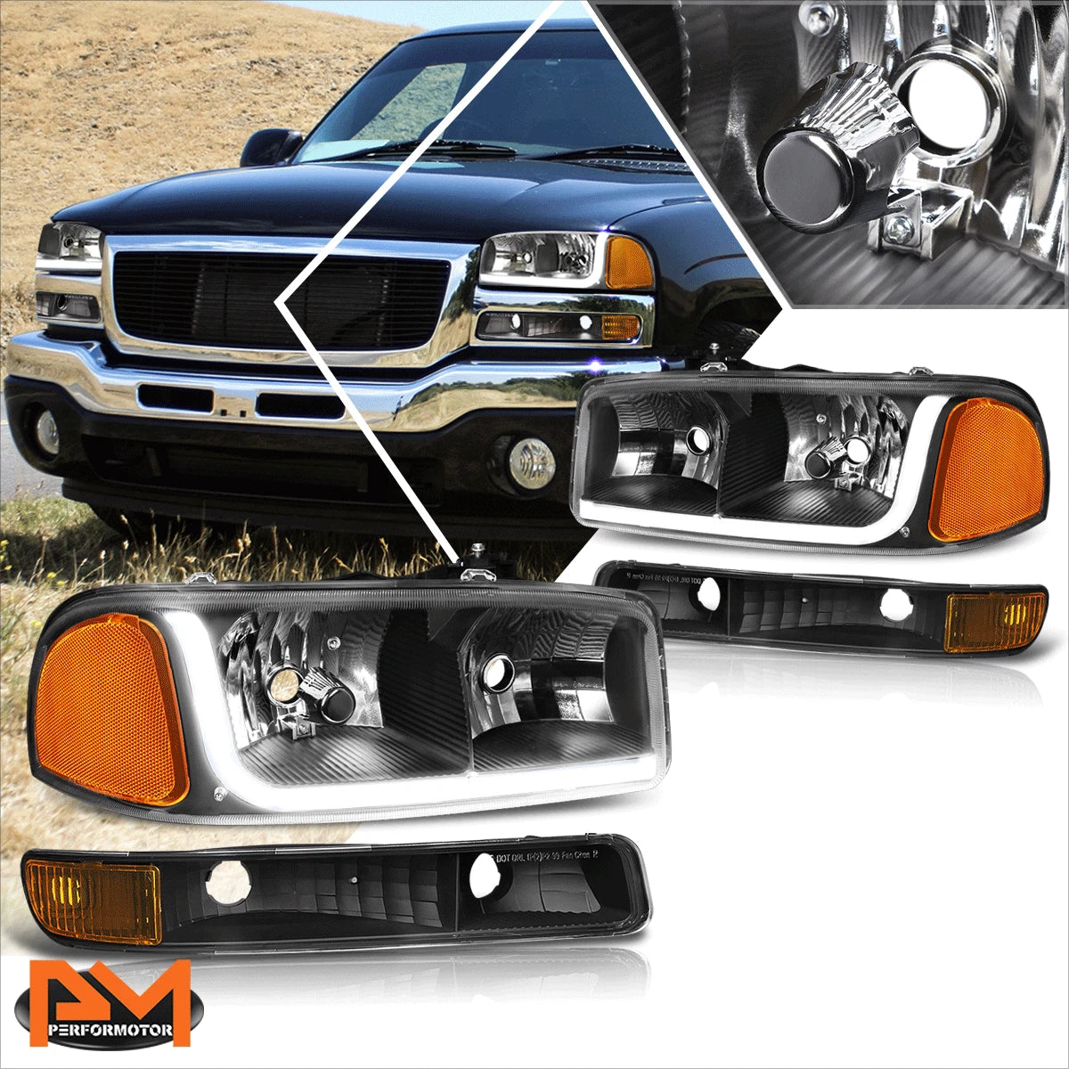 LED DRL Headlight Set for GMC Sierra/Yukon (1999–2007) W/Bumper Signal Black Amber